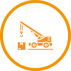 Orange crane graphic in circle