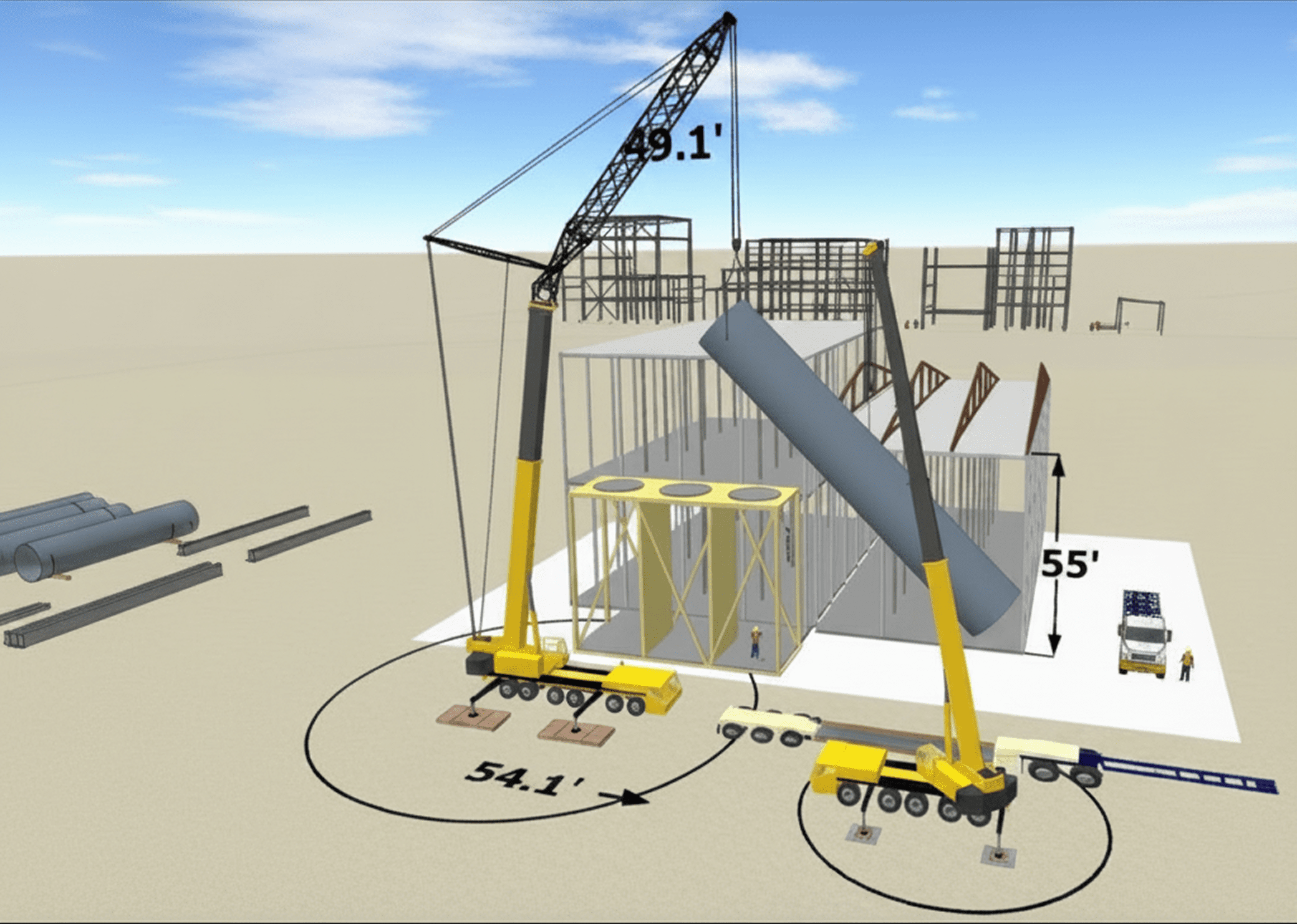 Cranes lifting steel beam at construction site.