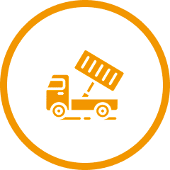 Dump truck icon with orange border.