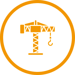 Orange construction crane icon in circle.